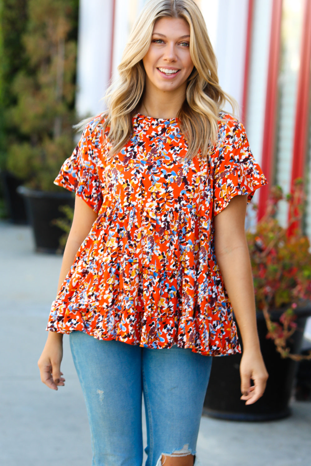 Rust & Chocolate Floral Frill Ruffle Hem Tiered Swing Top - Charming Charlie