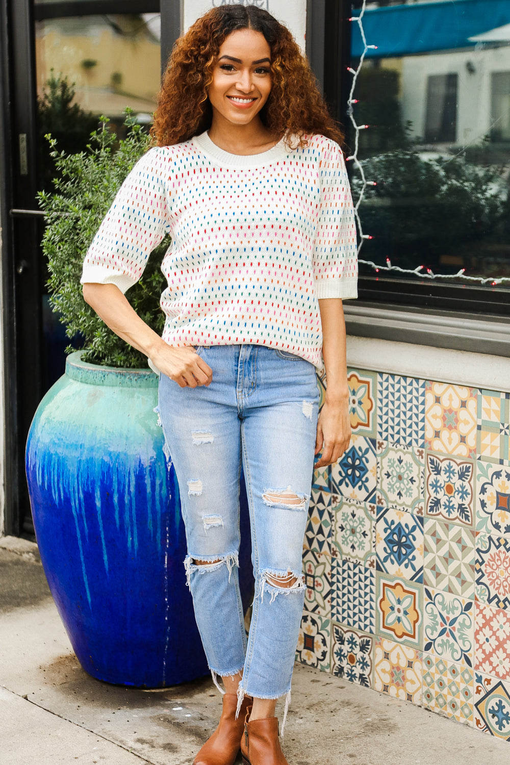 Spread Joy Ivory & Multicolor Jacquard Bubble Sleeve Sweater - Charming Charlie