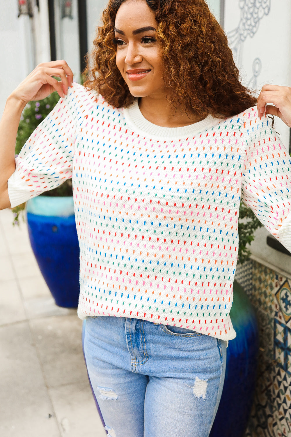 Spread Joy Ivory & Multicolor Jacquard Bubble Sleeve Sweater - Charming Charlie