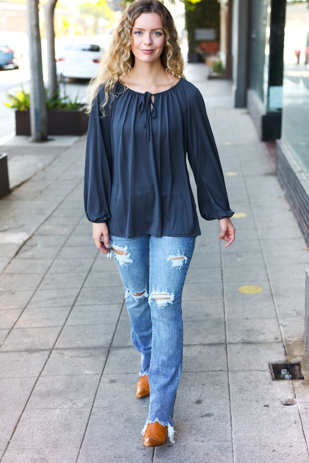 Versatile Charcoal Front Tie Modal Knit Peasant Top - Charming Charlie