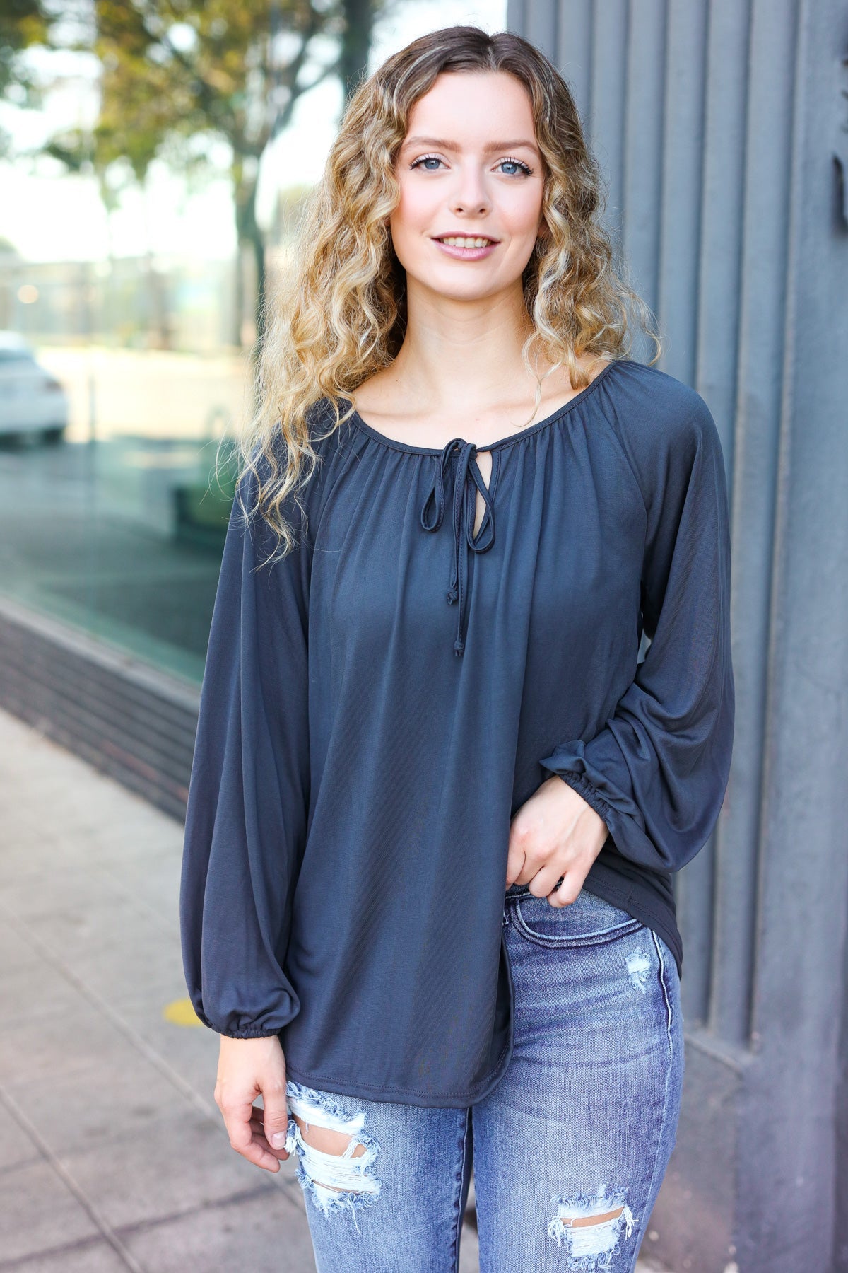 Versatile Charcoal Front Tie Modal Knit Peasant Top - Charming Charlie