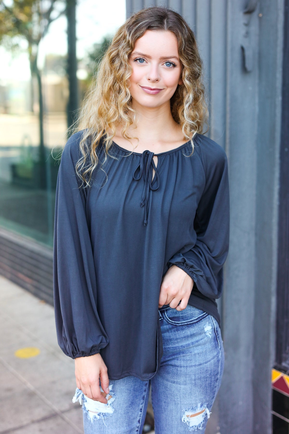 Versatile Charcoal Front Tie Modal Knit Peasant Top - Charming Charlie