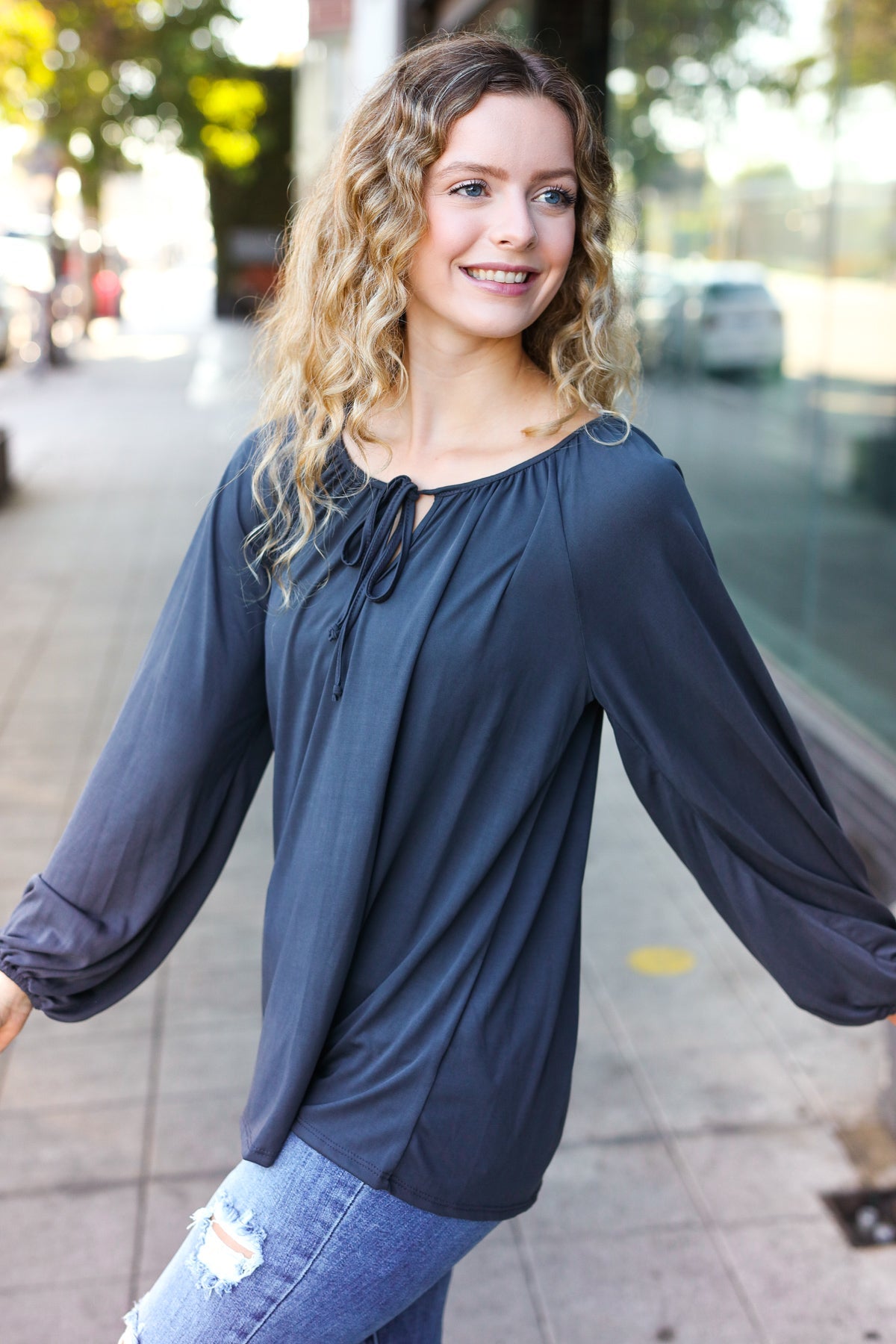 Versatile Charcoal Front Tie Modal Knit Peasant Top - Charming Charlie