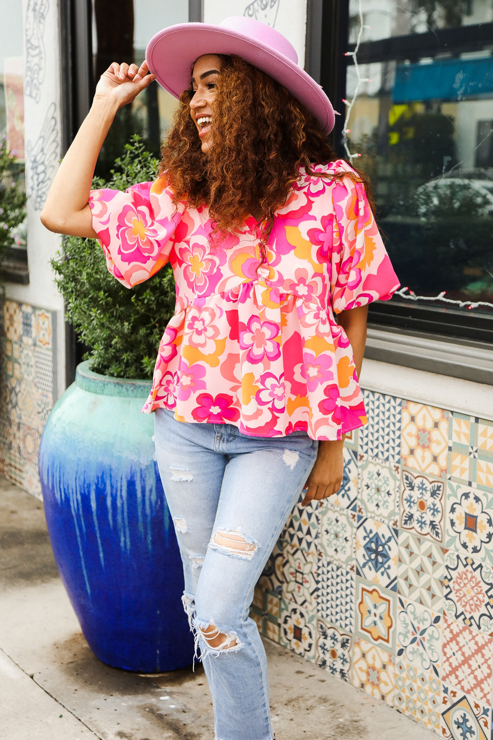 Find Love Pink/Yellow Floral Frill Balloon Short Sleeve Top - Charming Charlie