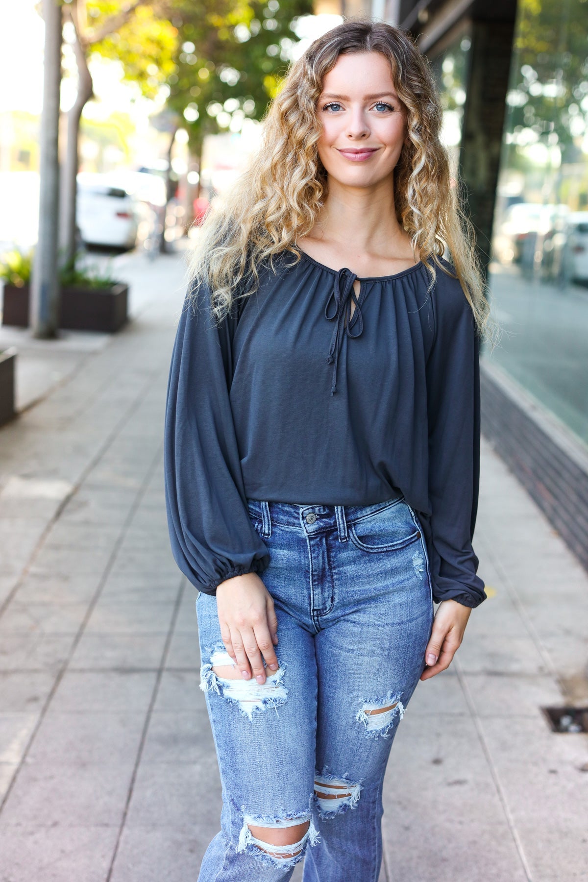 Versatile Charcoal Front Tie Modal Knit Peasant Top - Charming Charlie