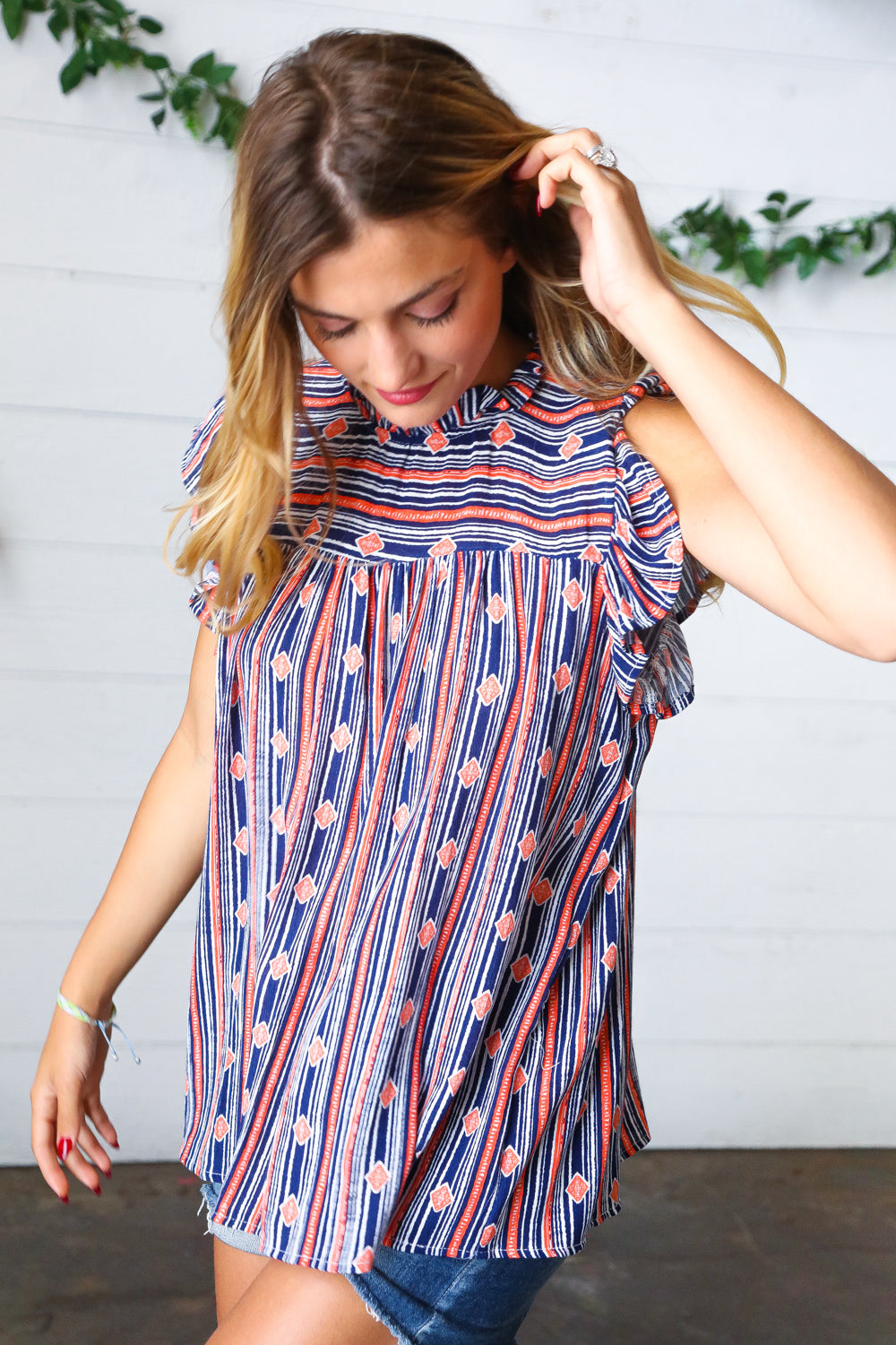 Navy & Orange Boho Stripe Flutter Sleeve Top - Charming Charlie