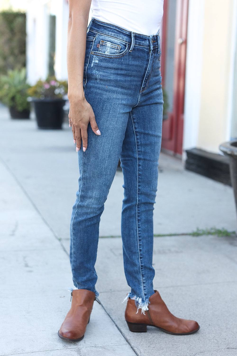 Judy Blue Dark Wash Mid Rise Minimum Distressed Straight Leg Jeans - Charming Charlie
