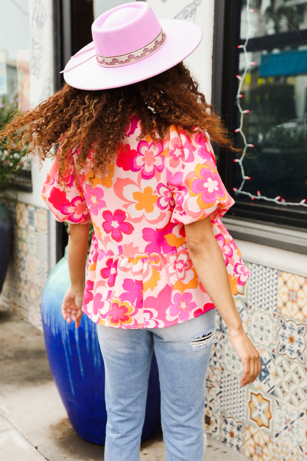 Find Love Pink/Yellow Floral Frill Balloon Short Sleeve Top - Charming Charlie