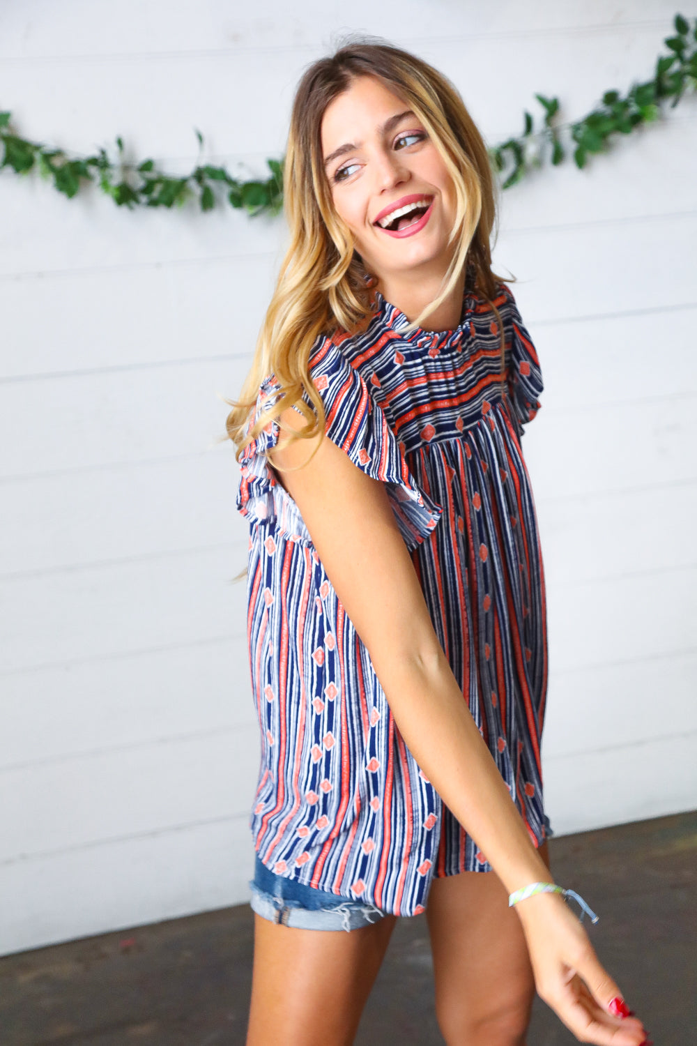 Navy & Orange Boho Stripe Flutter Sleeve Top - Charming Charlie