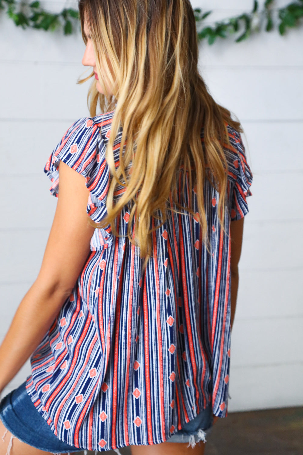 Navy & Orange Boho Stripe Flutter Sleeve Top - Charming Charlie