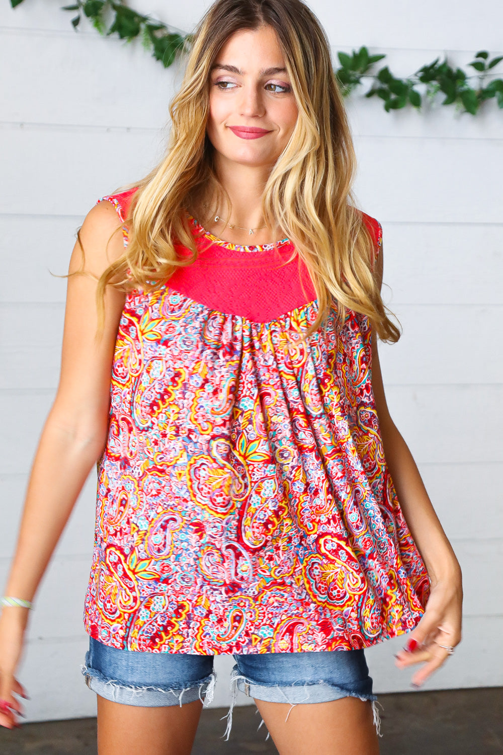 Coral Jacquard Lace Paisley Print Tank Top - Charming Charlie