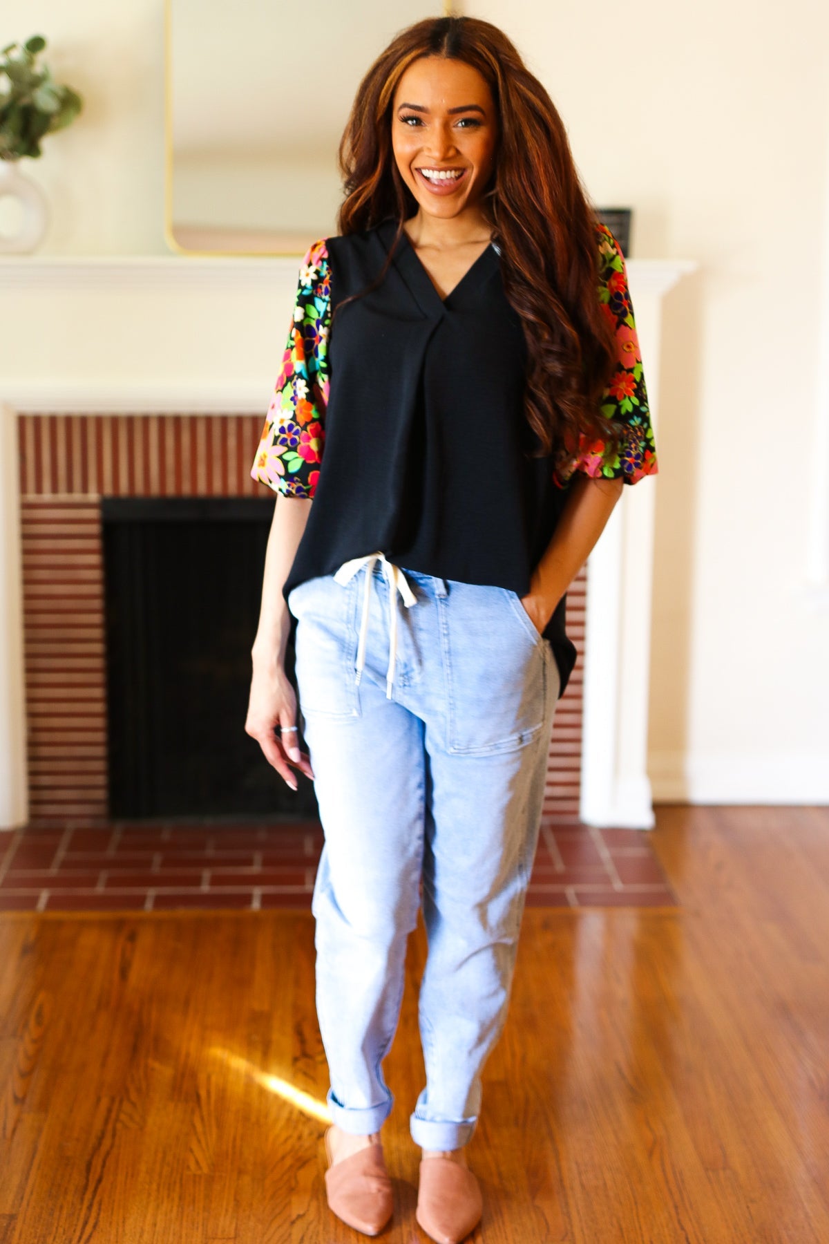 Eyes On You Black Floral Puff Sleeve V Neck Top - Charming Charlie