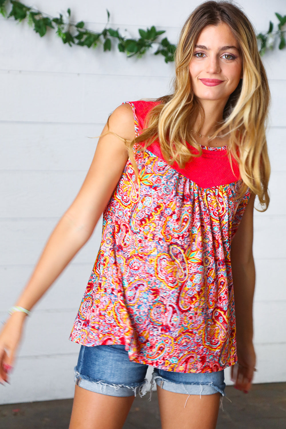 Coral Jacquard Lace Paisley Print Tank Top - Charming Charlie