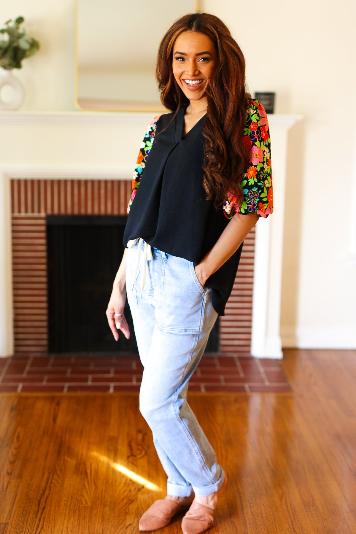 Eyes On You Black Floral Puff Sleeve V Neck Top - Charming Charlie