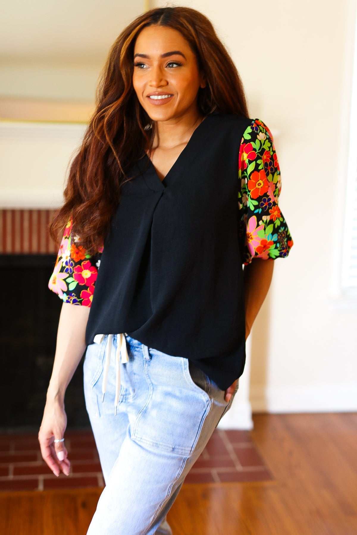 Eyes On You Black Floral Puff Sleeve V Neck Top - Charming Charlie