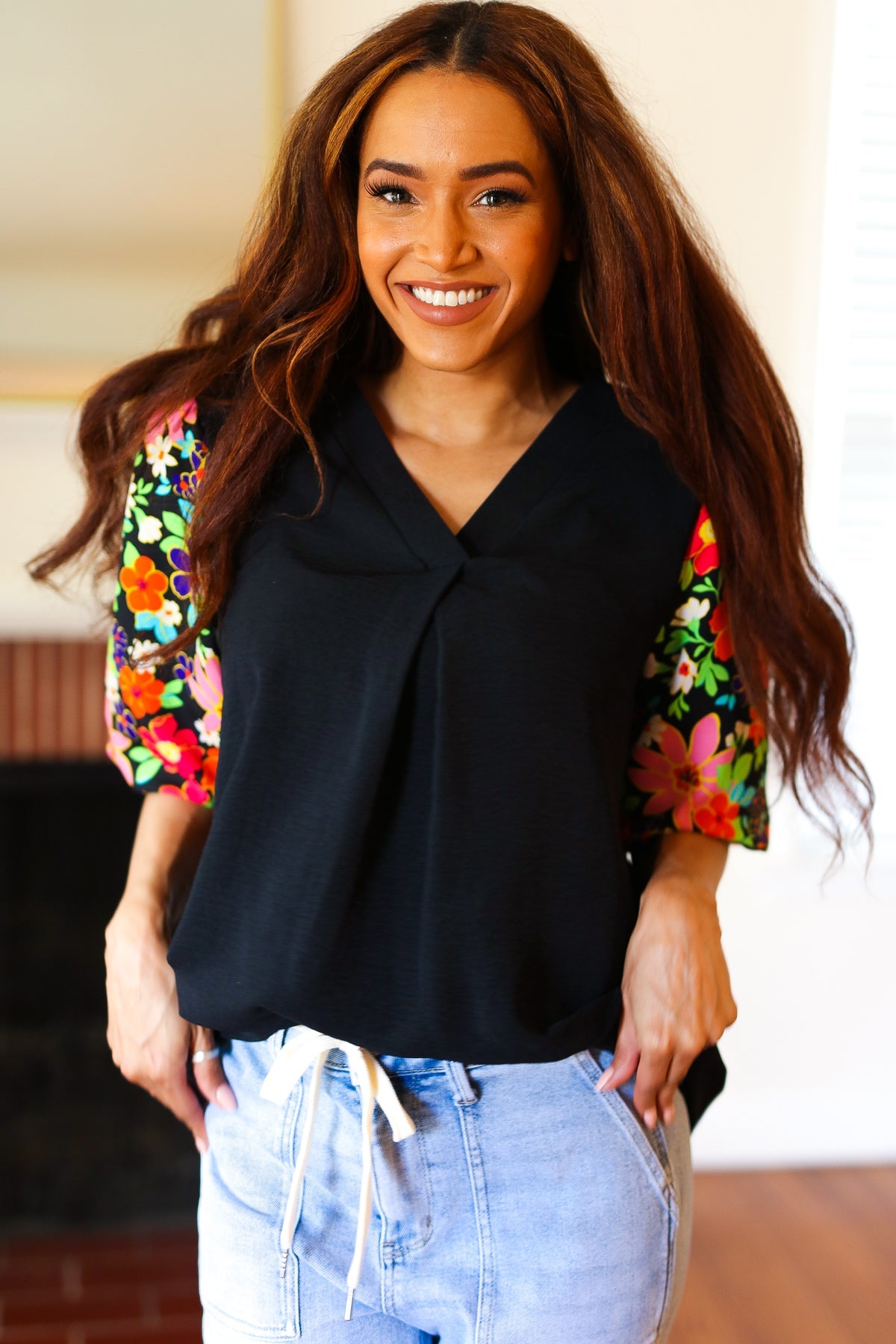 Eyes On You Black Floral Puff Sleeve V Neck Top - Charming Charlie