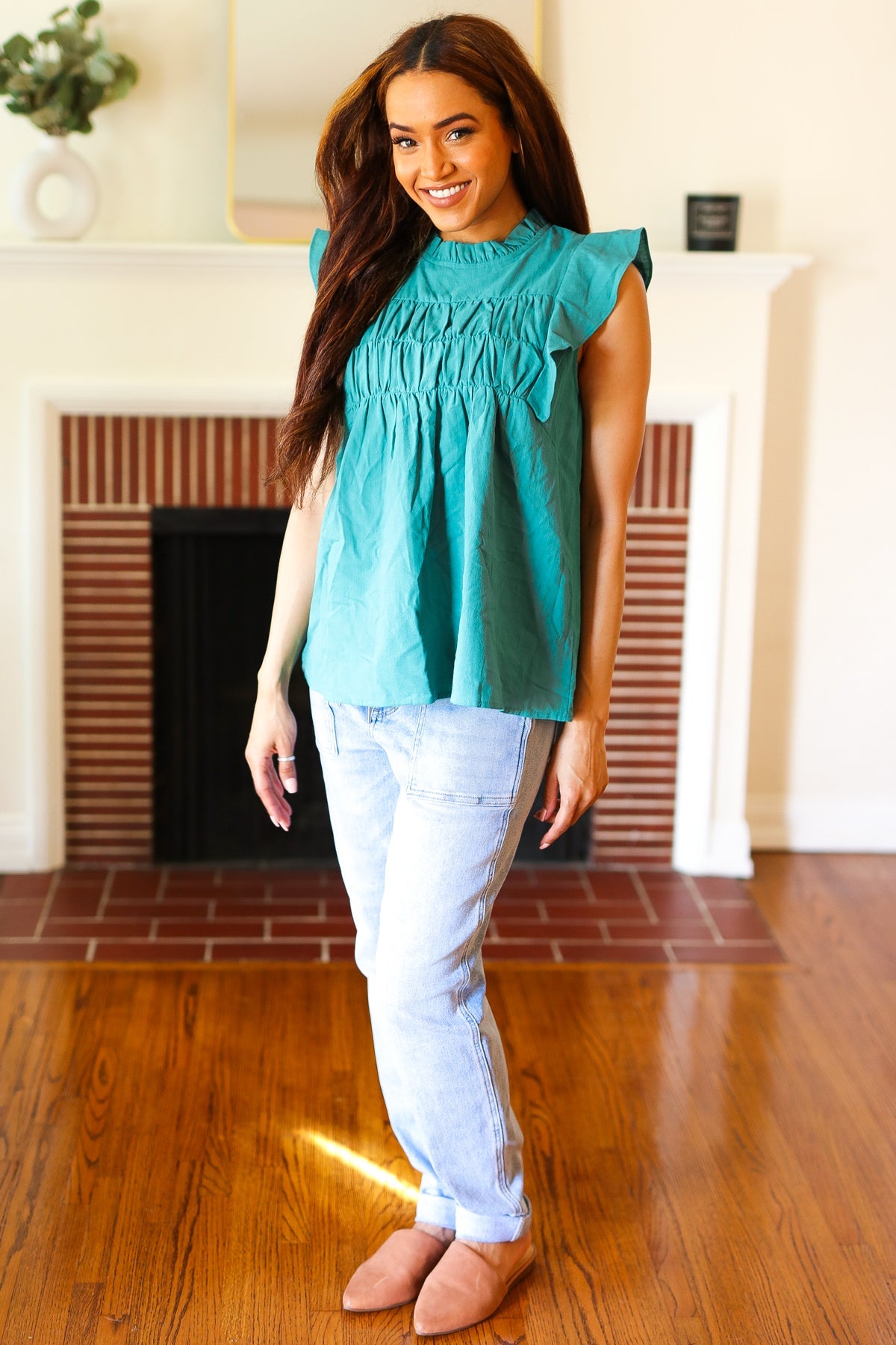 Love Life Cotton Turquoise Frill Mock Neck Flutter Sleeve Top - Charming Charlie