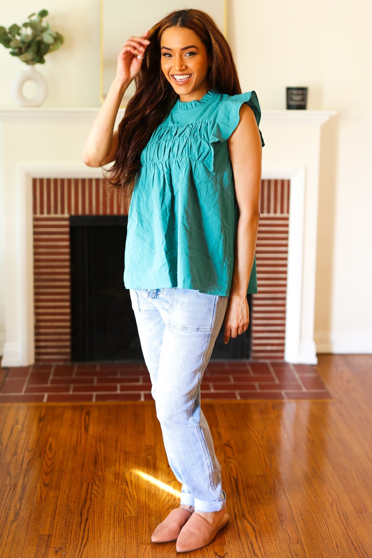 Love Life Cotton Turquoise Frill Mock Neck Flutter Sleeve Top - Charming Charlie