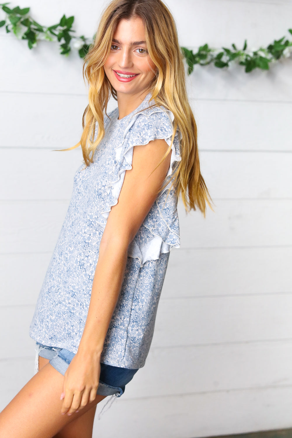 Washed Blue Floral Tiered Flutter Sleeve Top - Charming Charlie