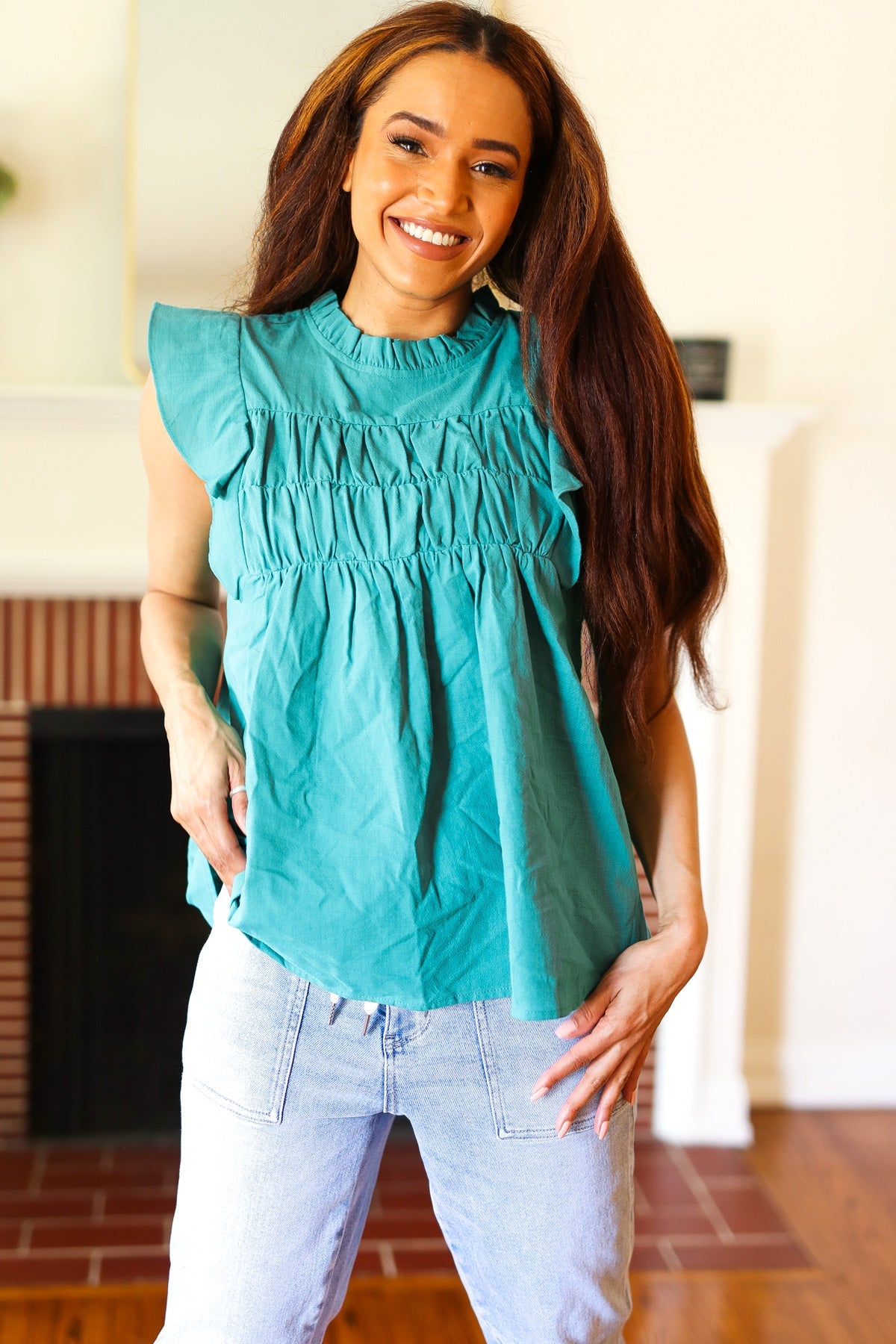 Love Life Cotton Turquoise Frill Mock Neck Flutter Sleeve Top - Charming Charlie