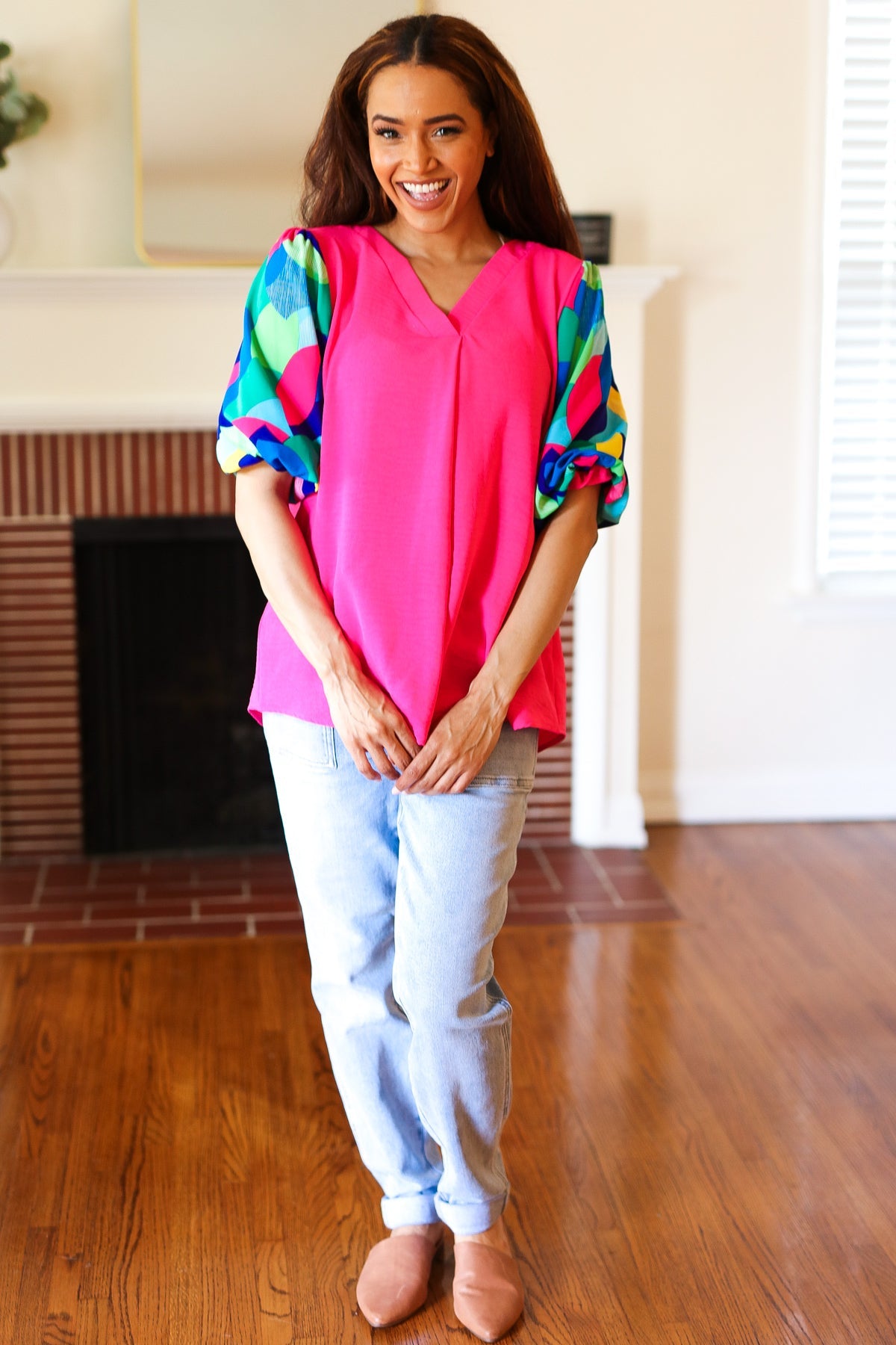 Tell Your Story Fuchsia Geo Print Puff Sleeve V Neck Top - Charming Charlie