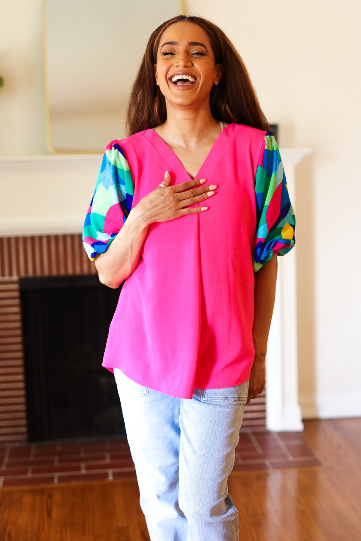 Tell Your Story Fuchsia Geo Print Puff Sleeve V Neck Top - Charming Charlie