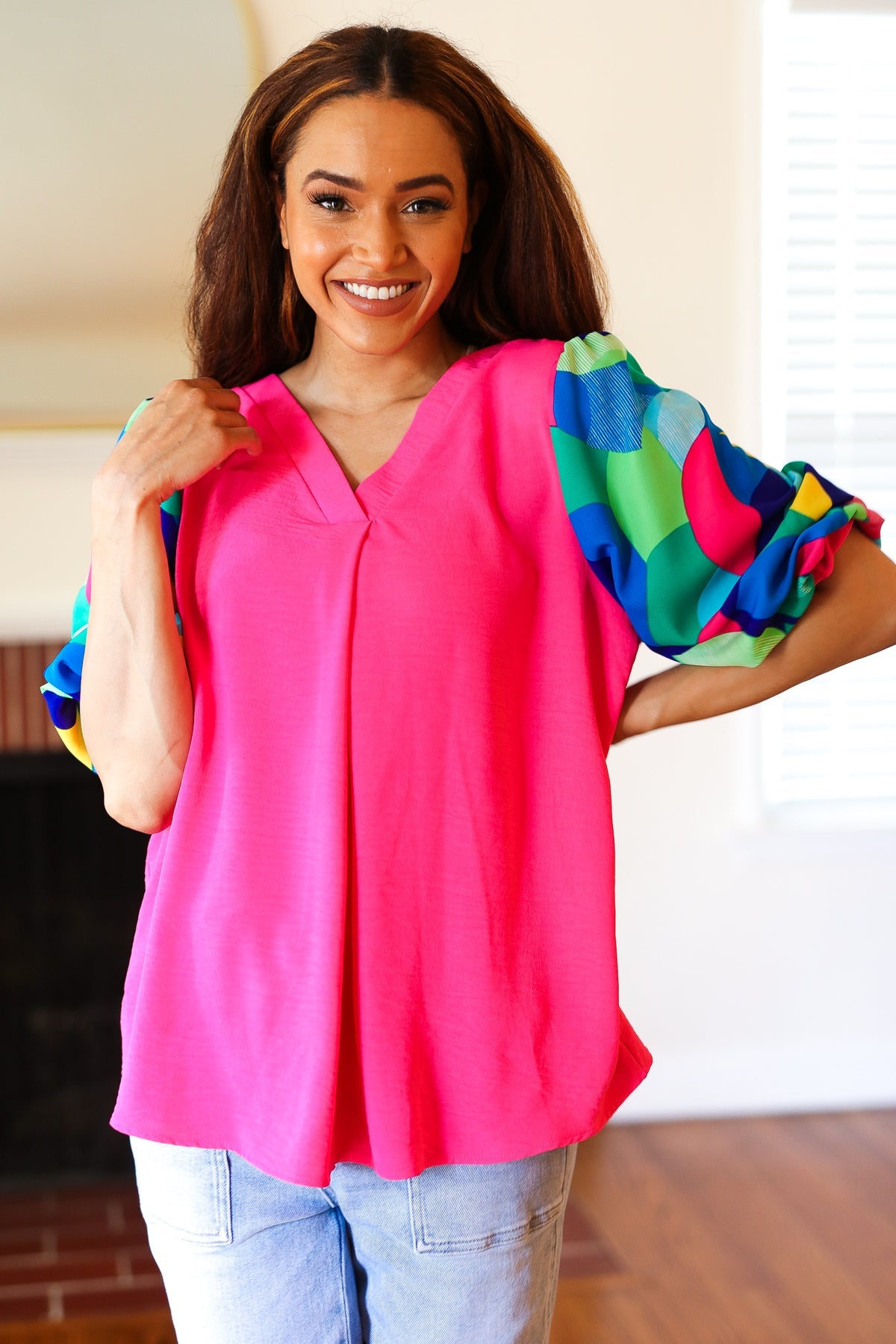 Tell Your Story Fuchsia Geo Print Puff Sleeve V Neck Top - Charming Charlie