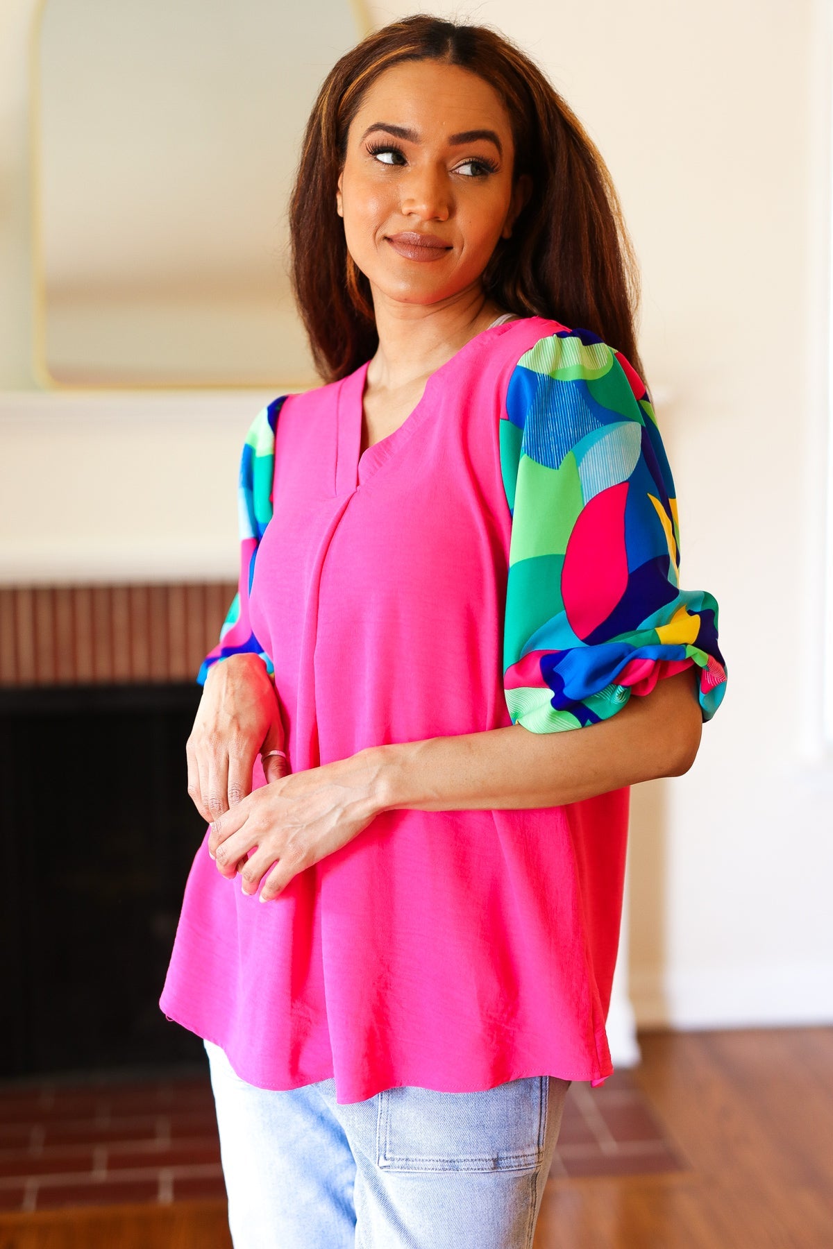 Tell Your Story Fuchsia Geo Print Puff Sleeve V Neck Top - Charming Charlie