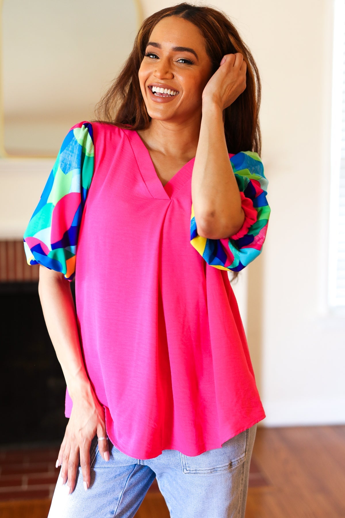 Tell Your Story Fuchsia Geo Print Puff Sleeve V Neck Top - Charming Charlie