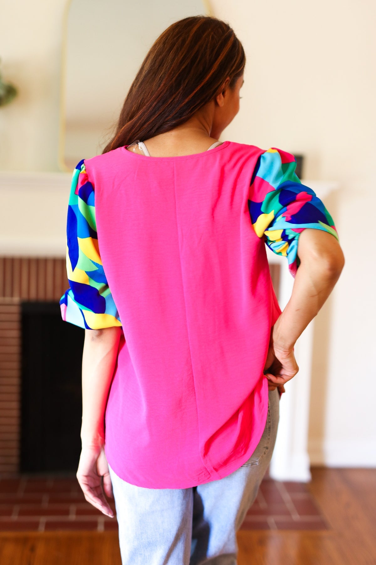Tell Your Story Fuchsia Geo Print Puff Sleeve V Neck Top - Charming Charlie