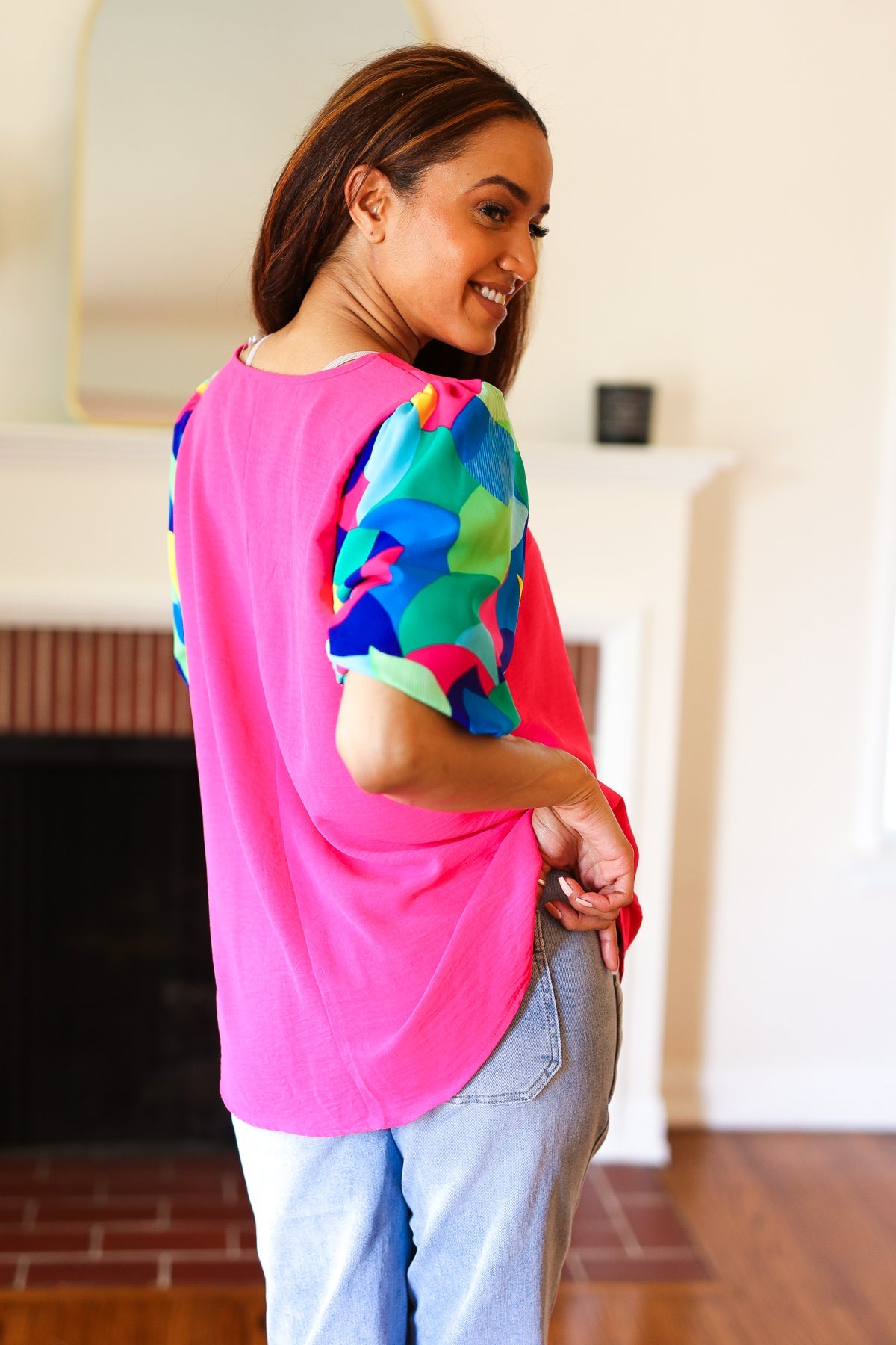 Tell Your Story Fuchsia Geo Print Puff Sleeve V Neck Top - Charming Charlie
