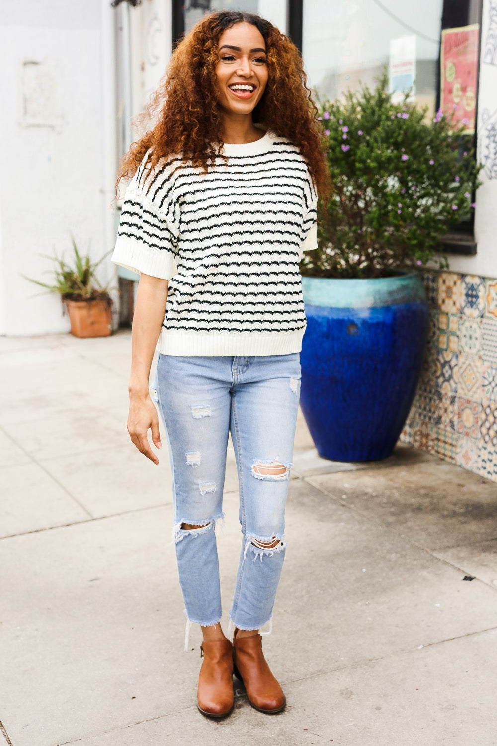 You've Got This Ivory & Black Wavy Stripe Pattern Sweater Top - Charming Charlie