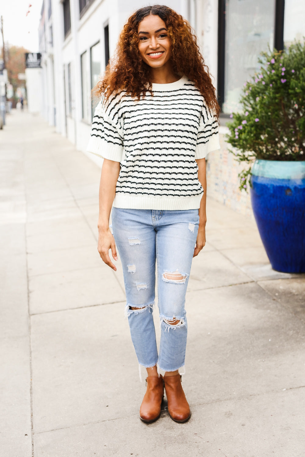 You've Got This Ivory & Black Wavy Stripe Pattern Sweater Top - Charming Charlie