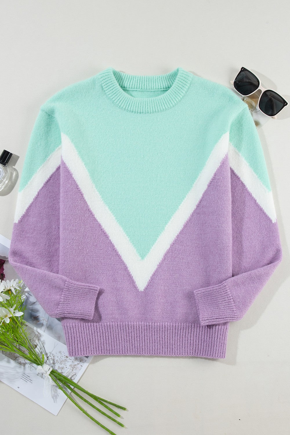 Contrast Round Neck Dropped Shoulder Sweater - Charming Charlie
