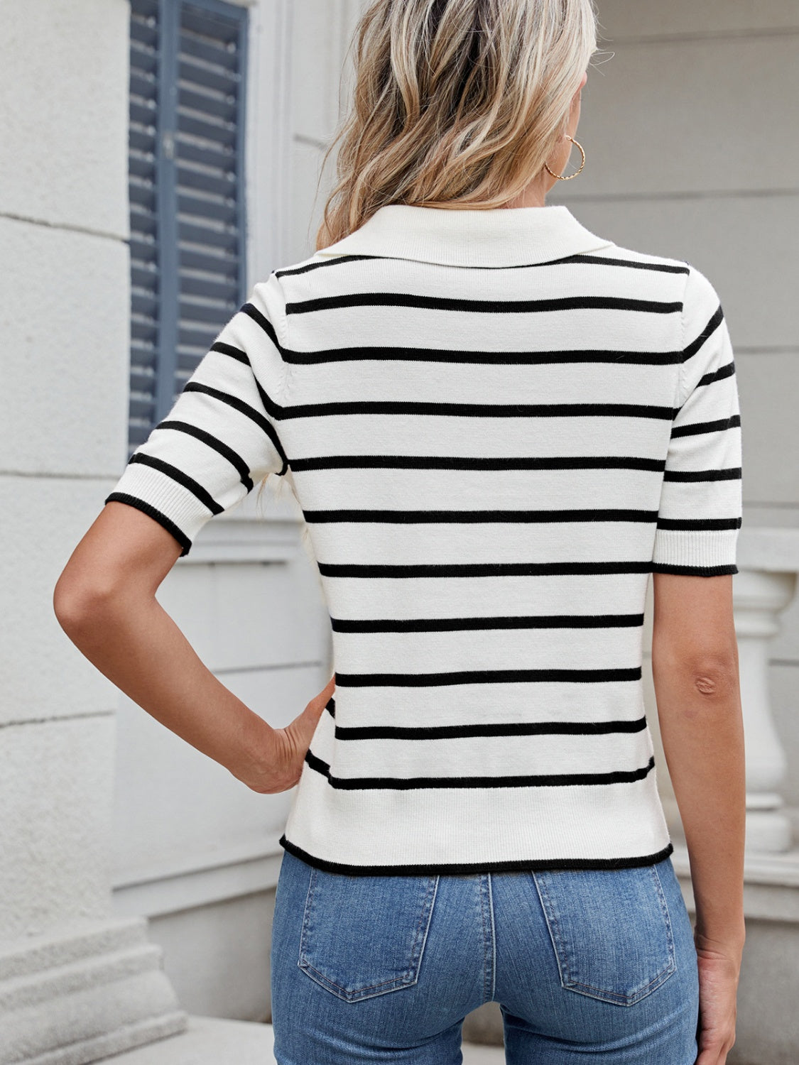 Striped Johnny Collar Short Sleeve Sweater - Charming Charlie