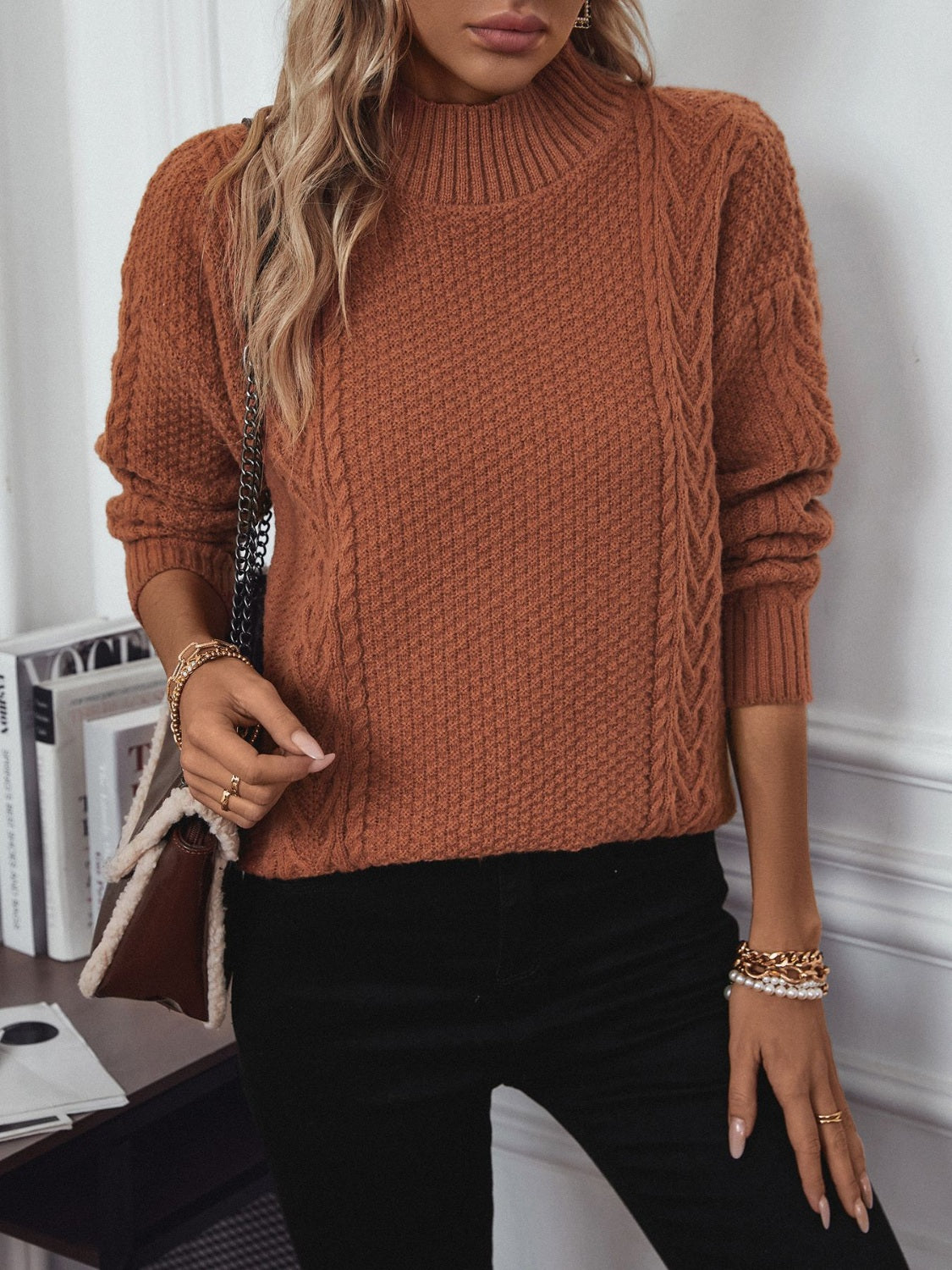 Cable-Knit Mock Neck Long Sleeve Sweater - Charming Charlie