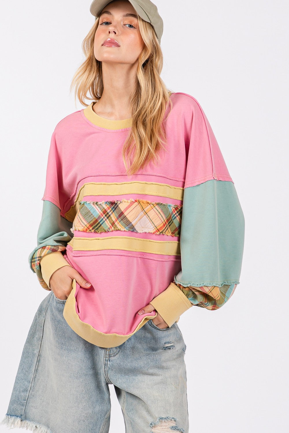 SAGE + FIG Mineral Wash Raw Edge Color Block Sweatshirt - Charming Charlie