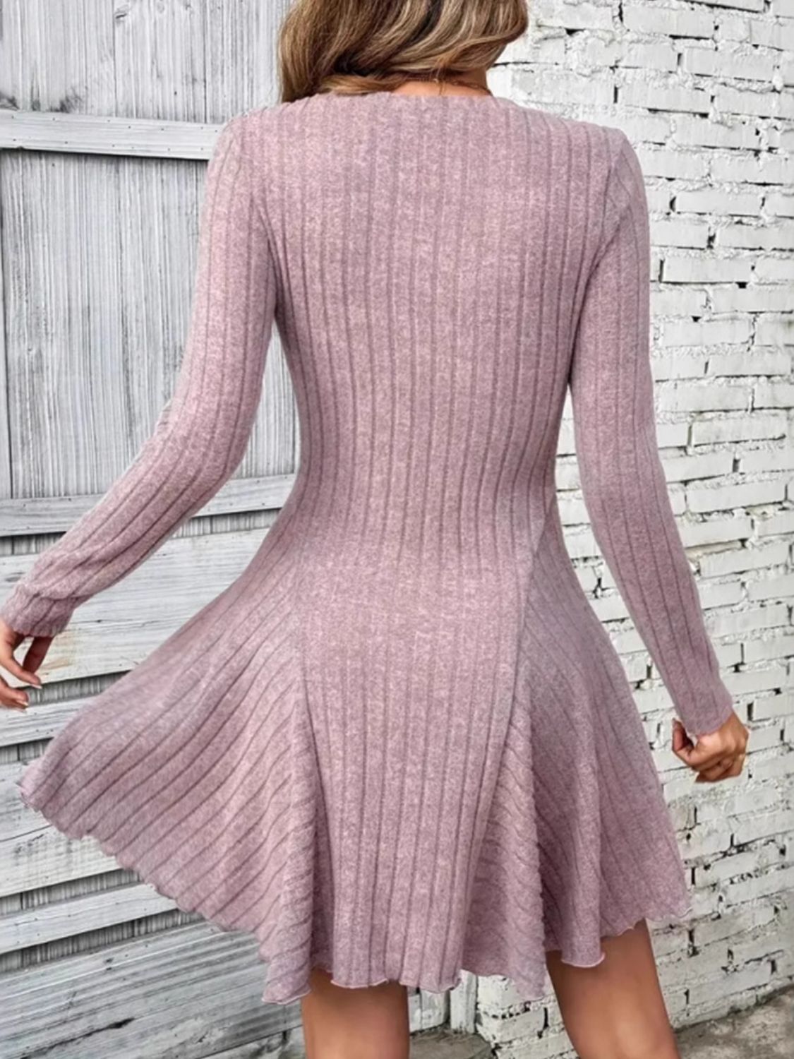 Ribbed Round Neck Long Sleeve Mini Dress - Charming Charlie