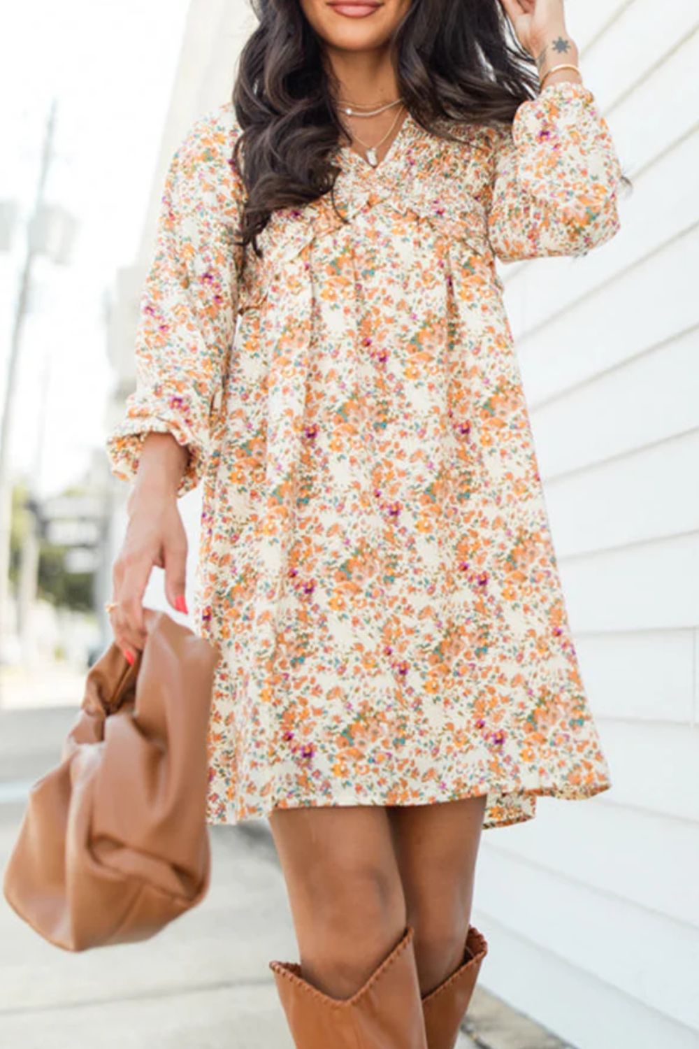 Printed V-Neck Balloon Sleeve Mini Dress - Charming Charlie