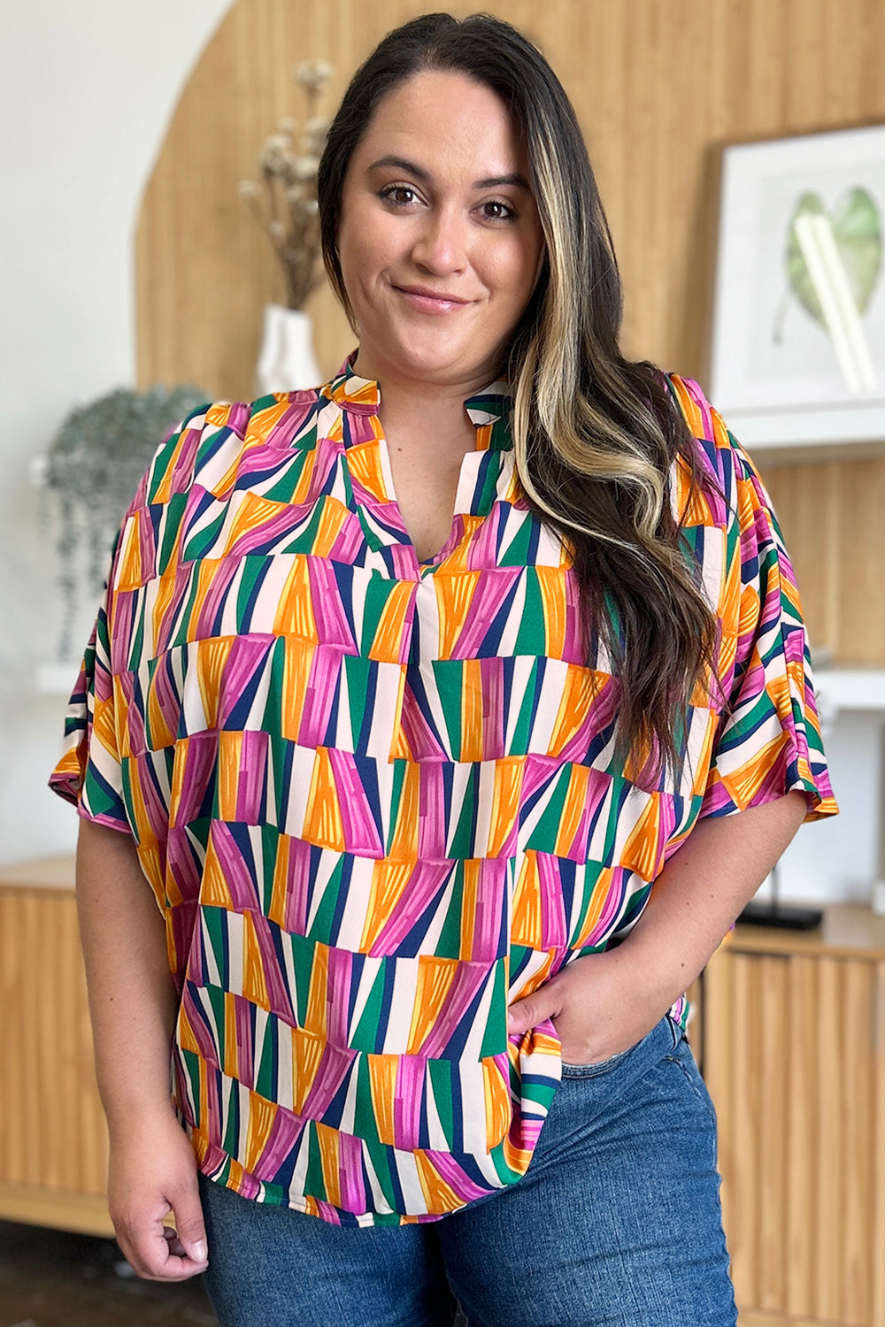 Double Take Full Size Geometric Notched Dolman Sleeve Top - Charming Charlie