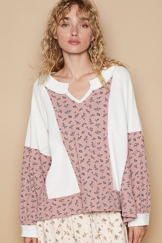 POL Waffle Knit Floral Notched Long Sleeve Top - Charming Charlie