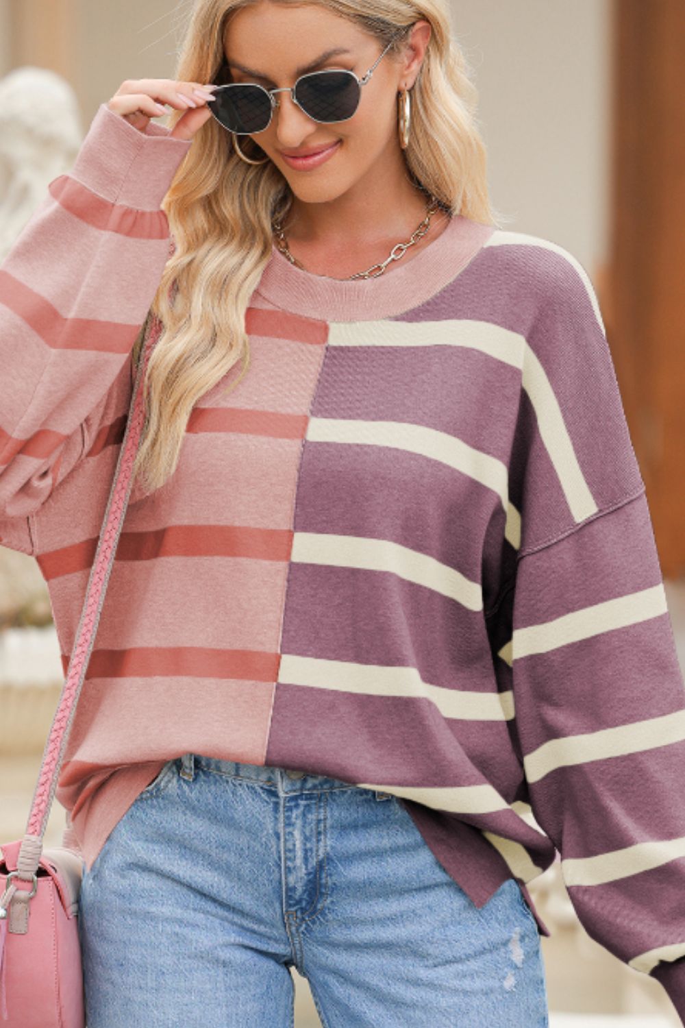 Contrast Striped Long Sleeve Sweatshirt - Charming Charlie