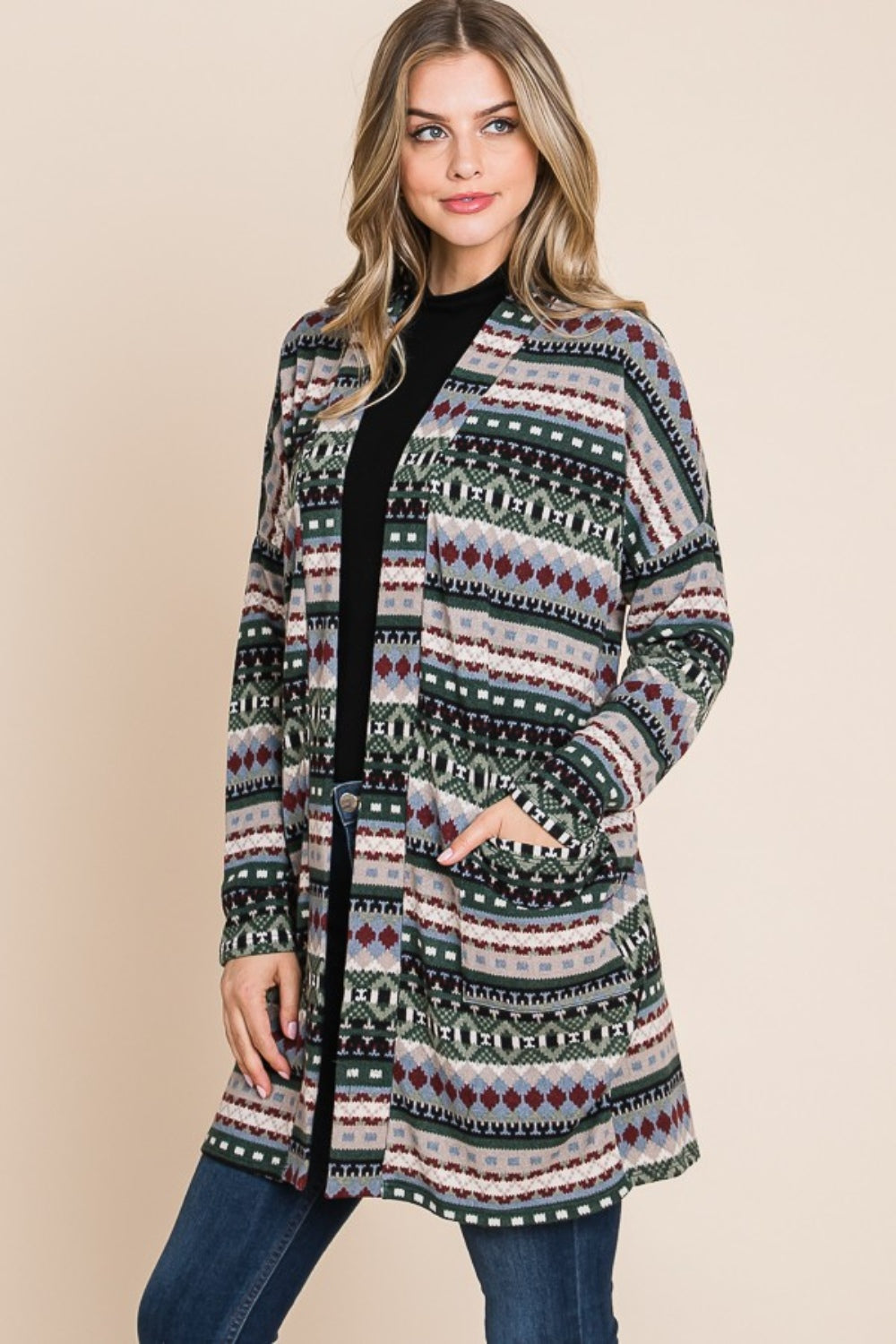 BOMBOM Geometric Open Front Long Sleeve Cardigan with Pockets - Charming Charlie
