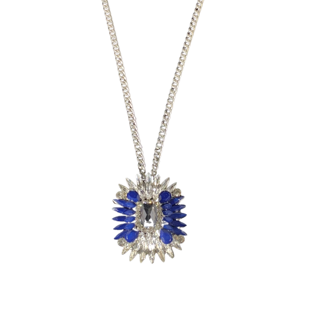 Silver Double Chain Necklace With Crystal and Montana Blue Large Statement Pendant - Charming Charlie