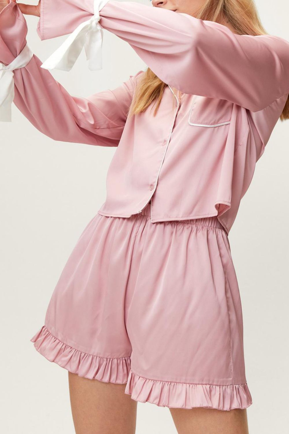 Basic Bae Tied Cuff Collared Neck Top and Frill Shorts Lounge Set - Charming Charlie