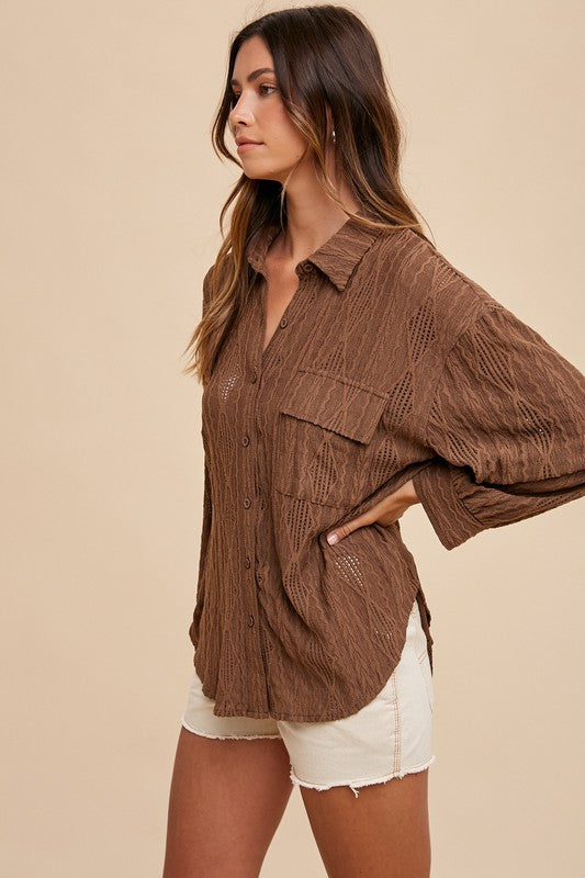 Annie Wear Openwork Button Down Drop Shoulder Shirt - Charming Charlie