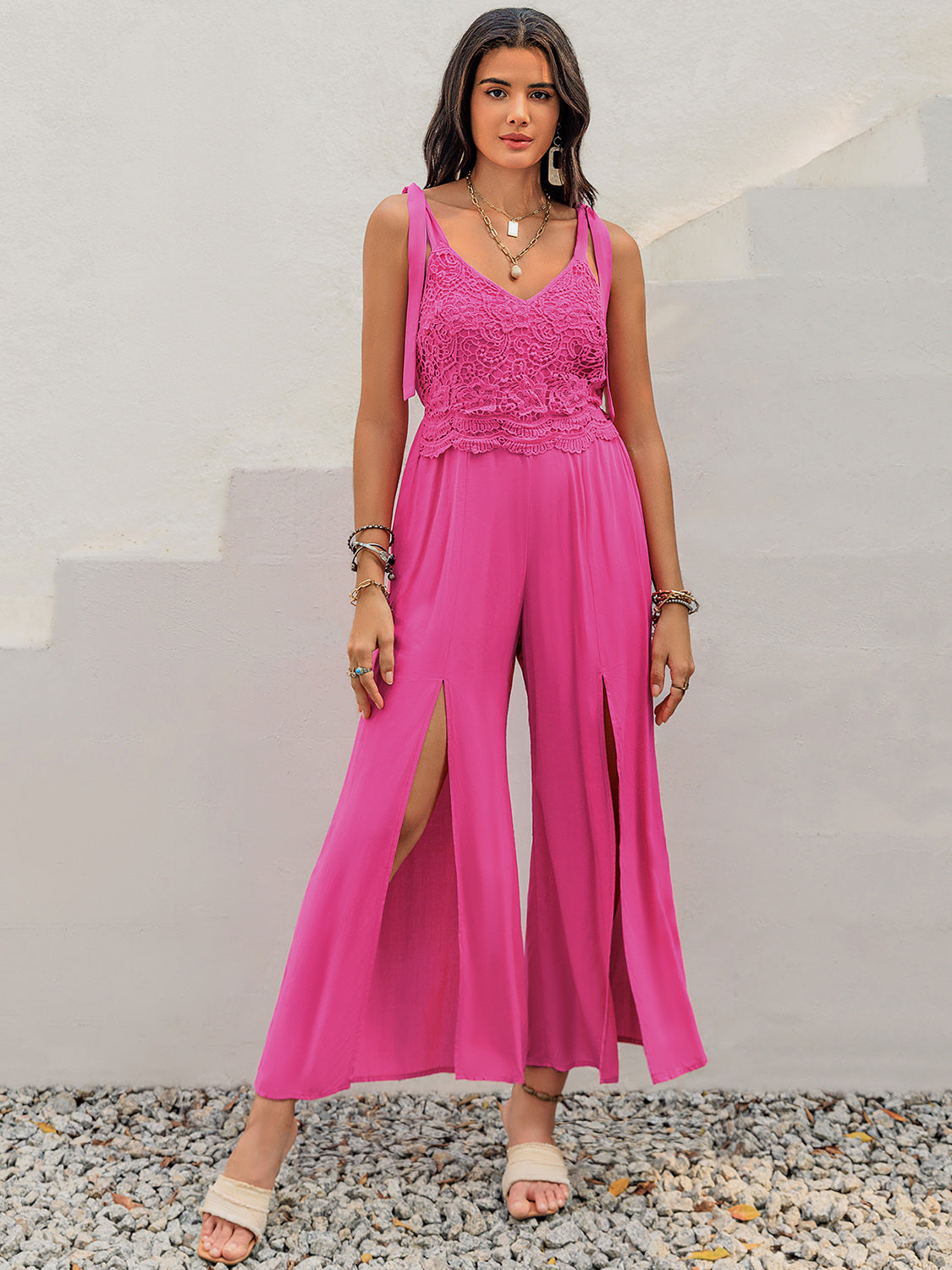 V-Neck Wide Strap Slit Jumpsuit - Charming Charlie