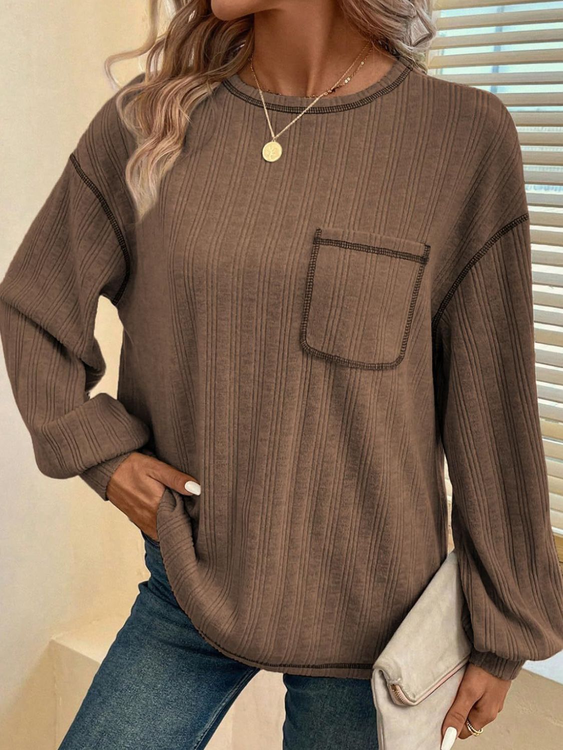 Mandy Contrast Stitching Round Neck Long Sleeve T-Shirt - Charming Charlie