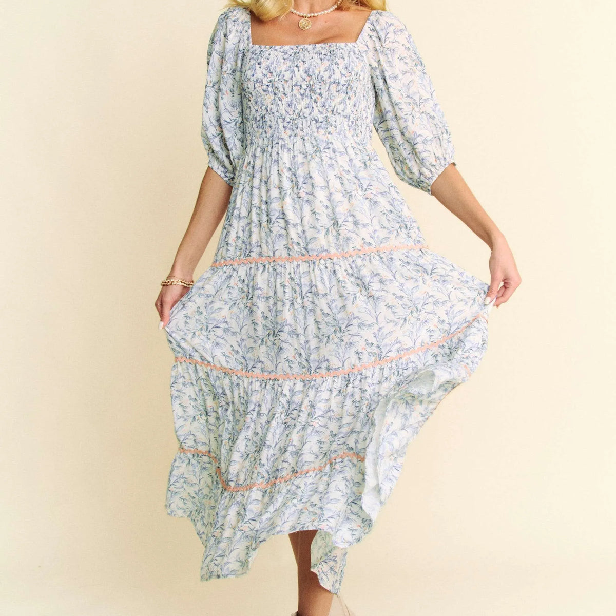 Davi & Dani Floral Ruffle Square Neck Smocking Bodice Jumpsuit