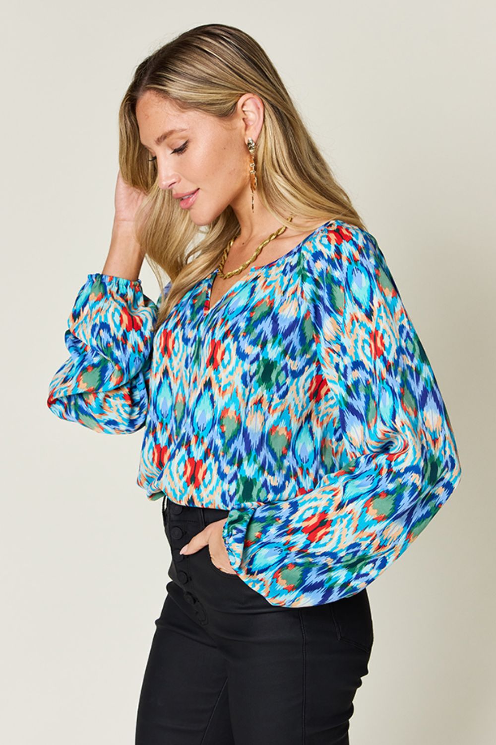 Double Take Full Size Printed Balloon Sleeve Blouse - Charming Charlie